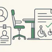 Minimalistyczne ikony przedstawiające pracownika, dokumenty i ergonomiczne stanowisko pracy w kontekście zatrudniania osób z niepełnosprawnością