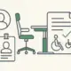 Minimalistyczne ikony przedstawiające pracownika, dokumenty i ergonomiczne stanowisko pracy w kontekście zatrudniania osób z niepełnosprawnością
