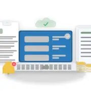 Ilustracja KSeF: laptop, dokumenty i faktury na białym tle